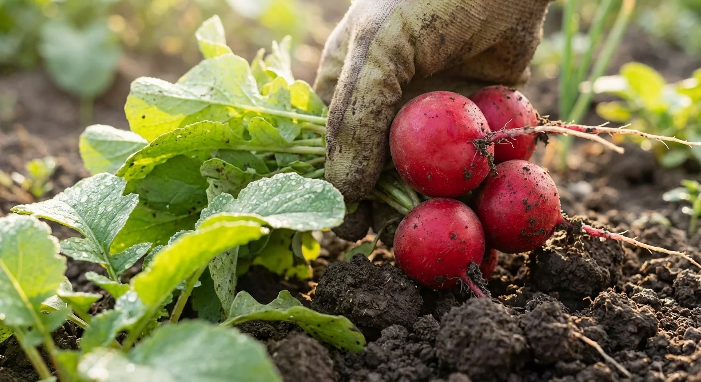 Fresh red radishes being harvested from dark garden soil.