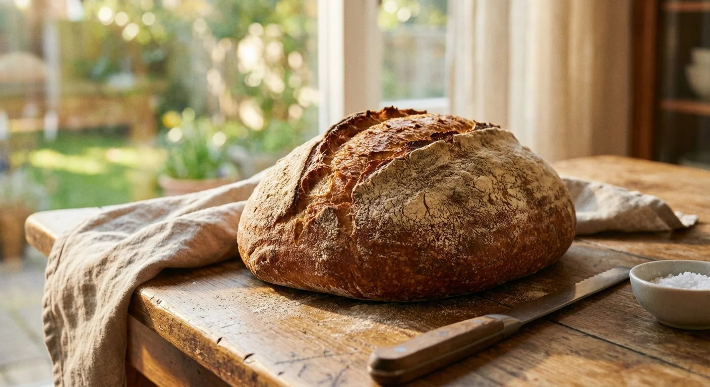 Freshly baked loaf of bread on a wooden table with a garden view.