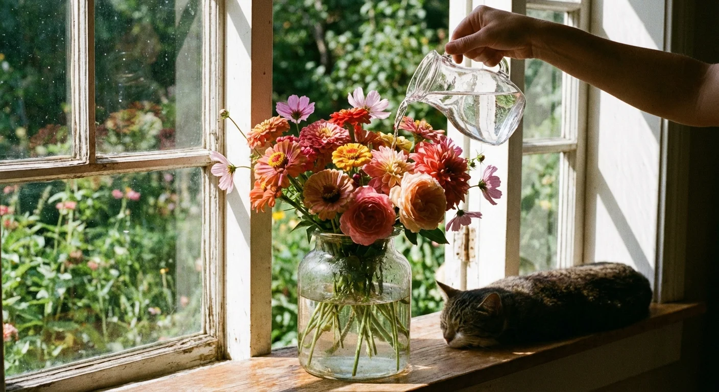 Freshly cut garden flowers in a glass vase on a bright, sunlit windowsill.