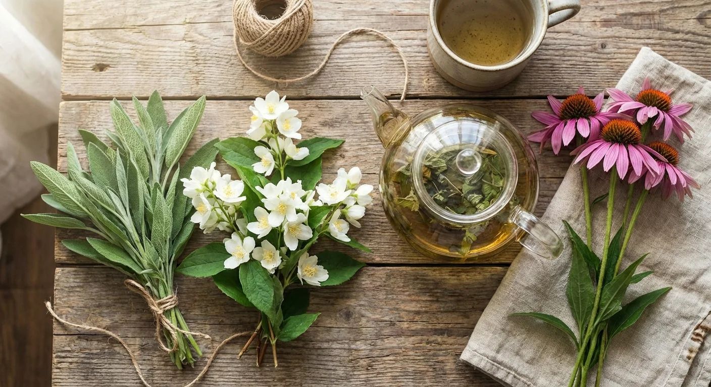 Freshly cut herbs and a glass teapot arranged on a rustic wooden outdoor table.