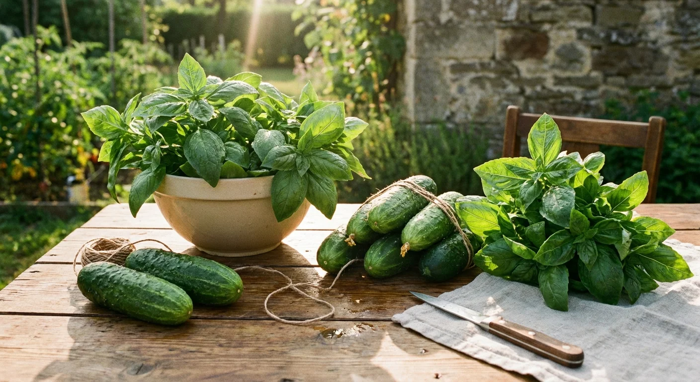 Freshly harvested cucumbers and basil leaves arranged on a rustic wooden garden table.