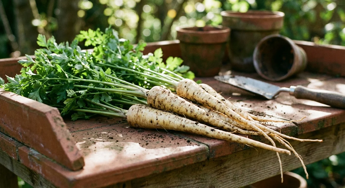 Freshly harvested parsnips resting on a garden table.