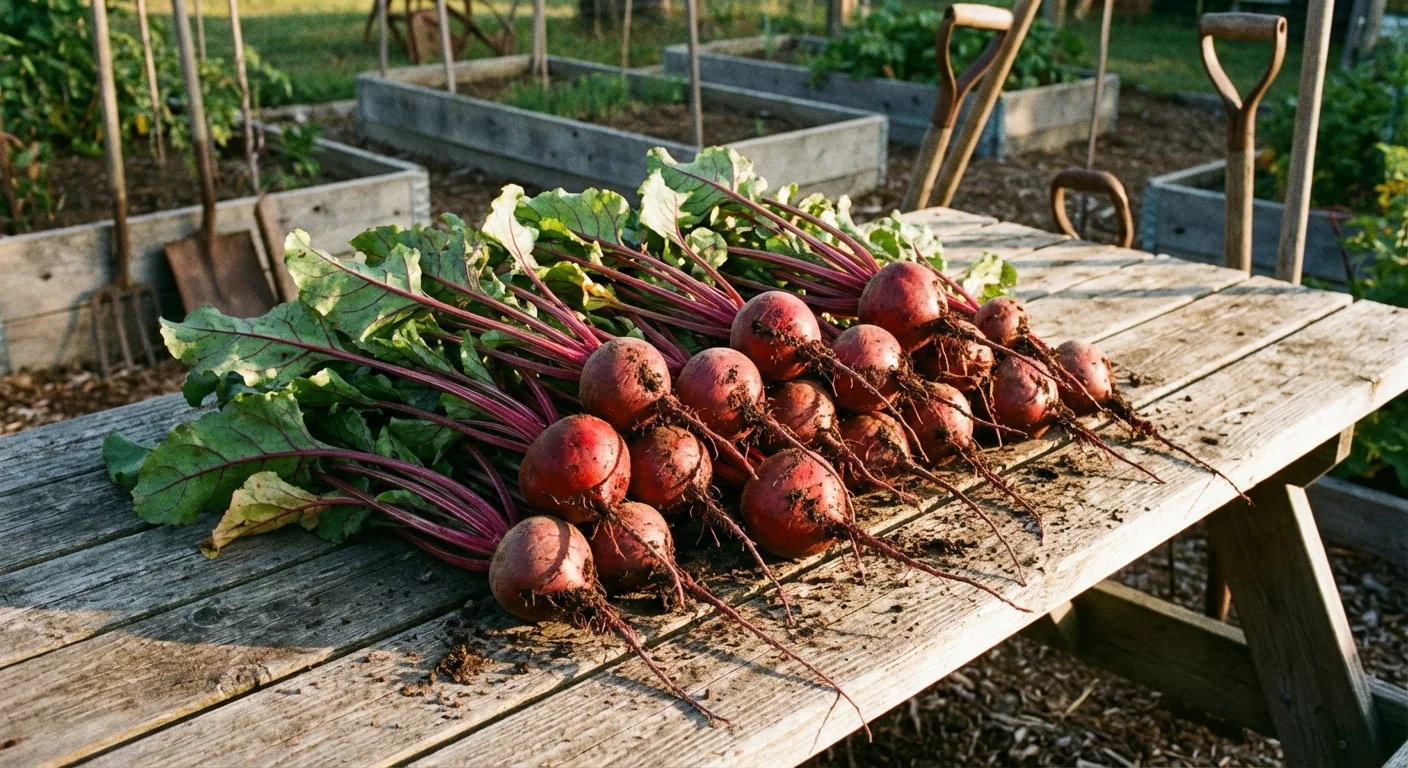 Freshly harvested red beets with green stems on a wooden table.