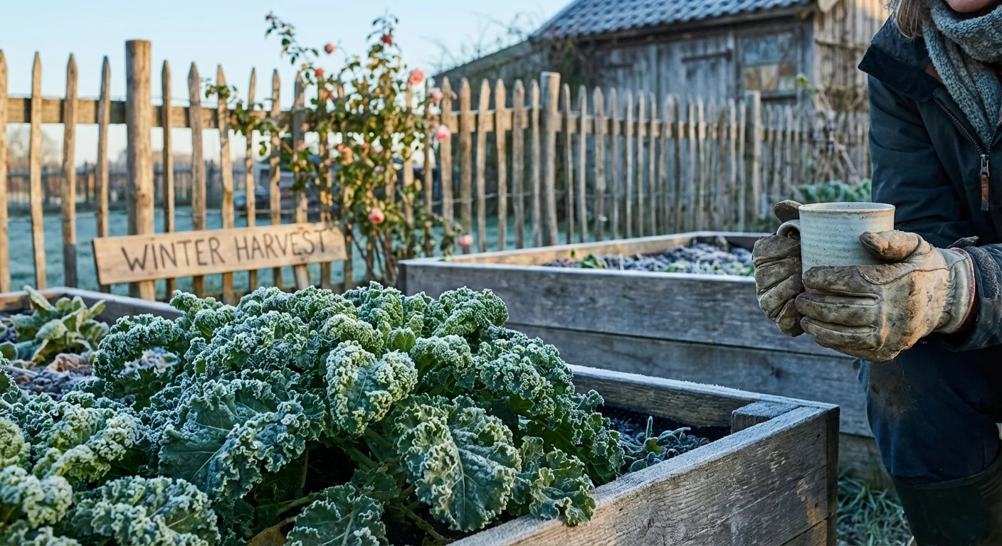 Frost-covered kale growing in a cold climate garden during the early morning.
