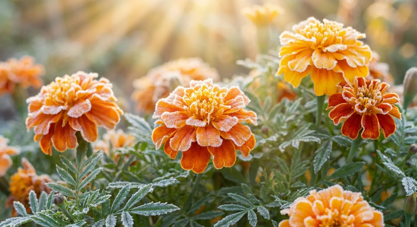 Frost-covered orange marigolds in a garden bed.