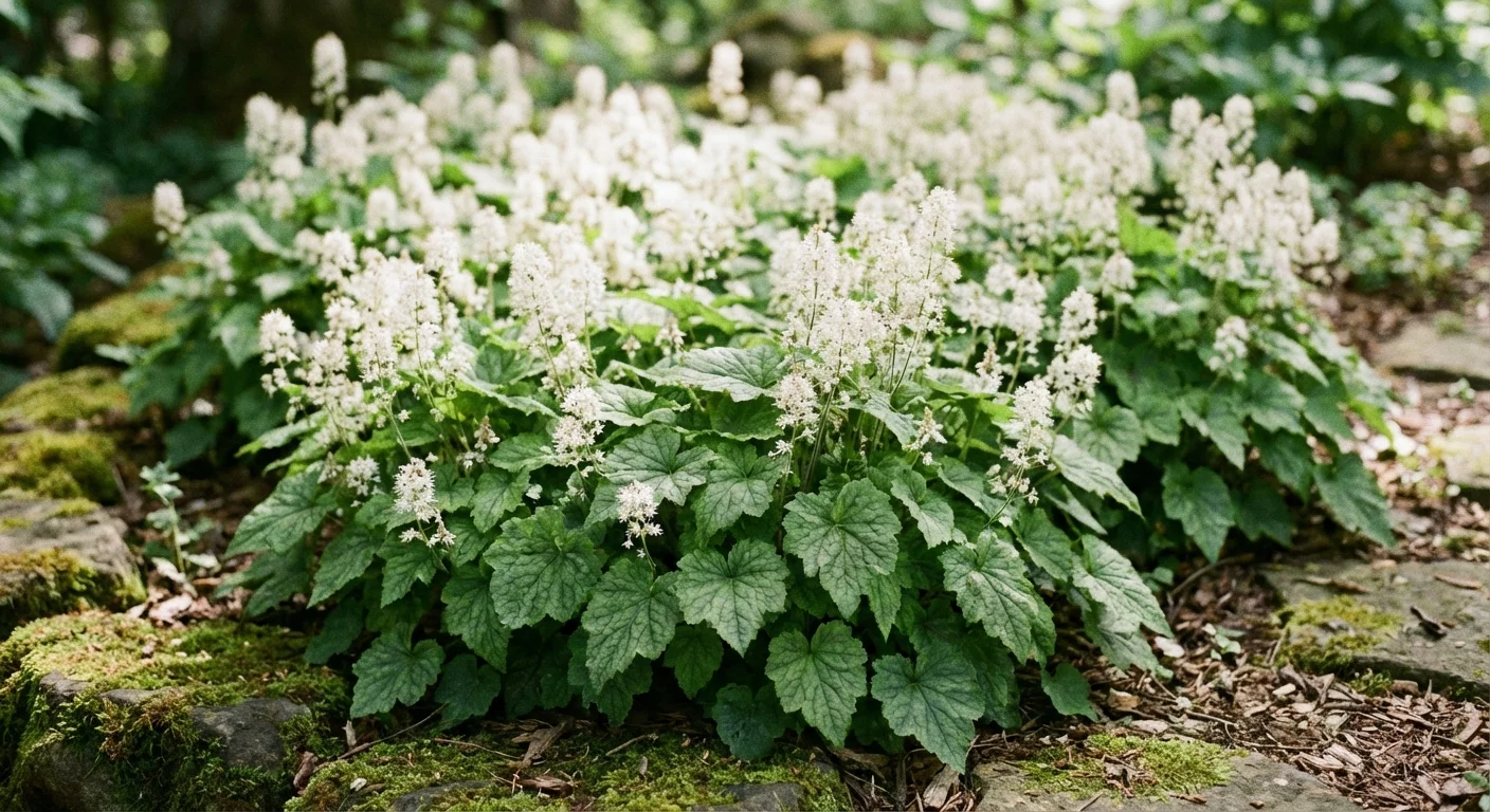 Frothy white foam flowers blooming over a bed of green leaves.