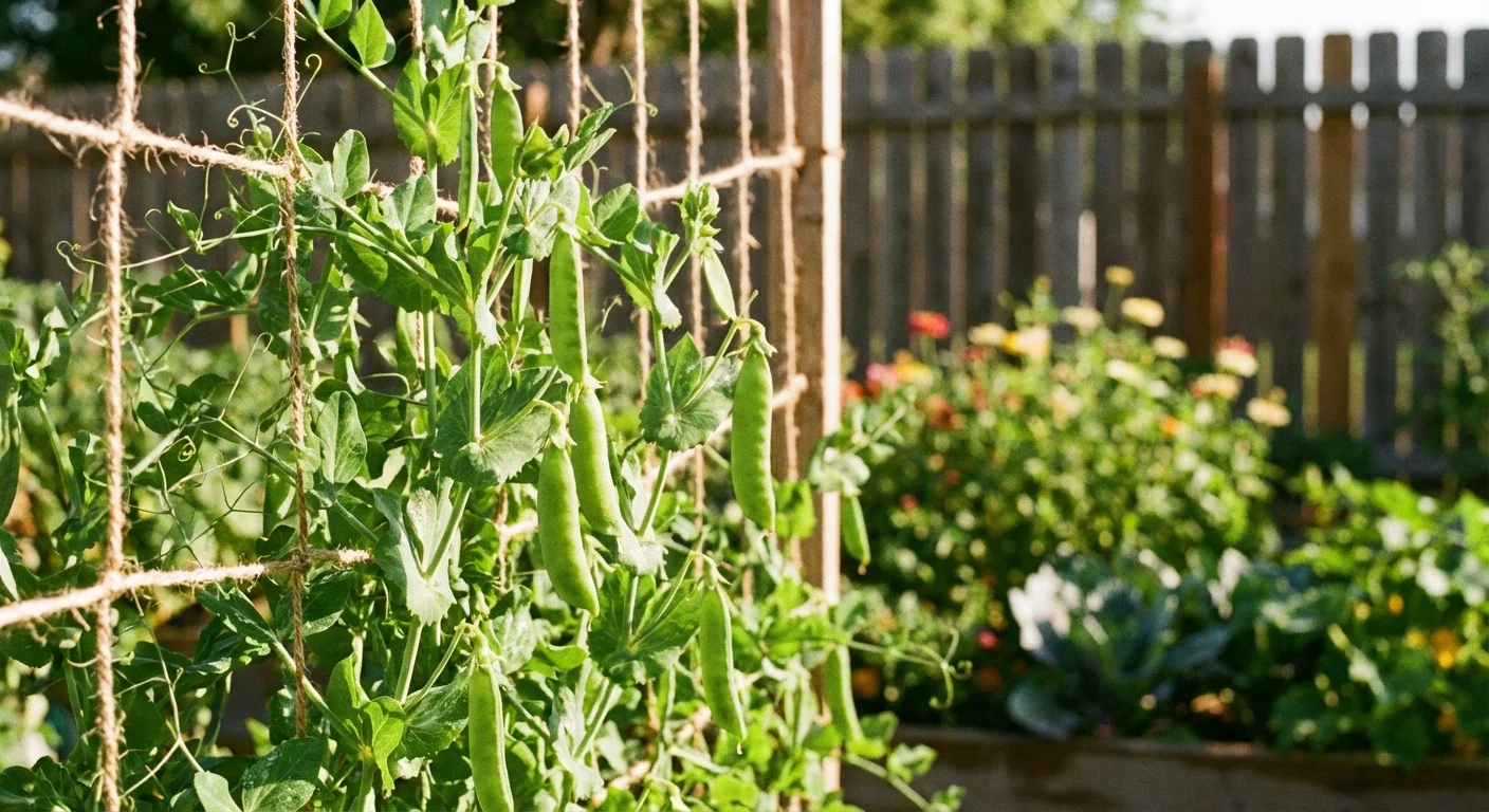 Garden pea vines climbing a trellis with fresh green pods ready for harvest.