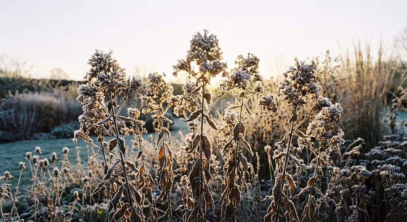 Garden Phlox stems covered in white hoarfrost in a winter landscape.