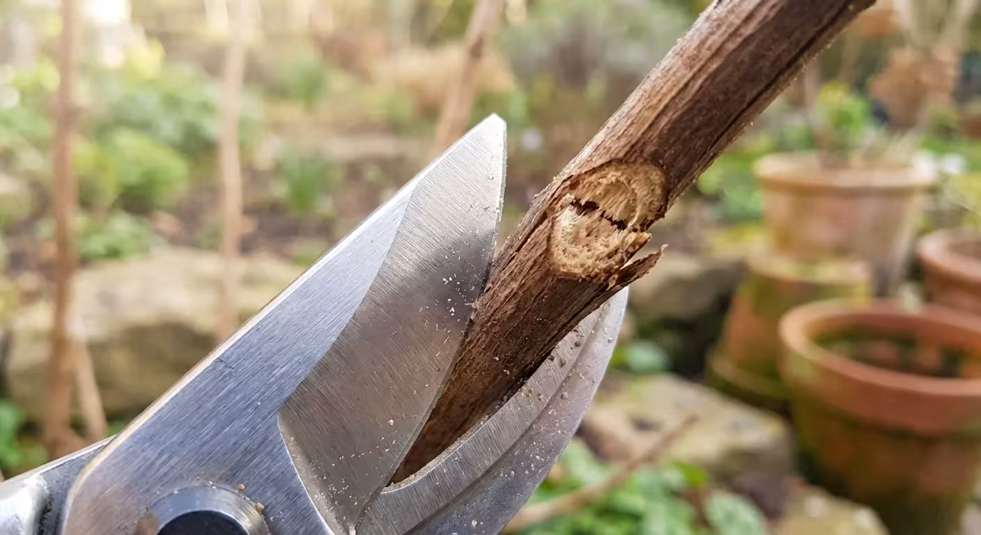 Garden shears cutting a dry brown branch in a garden.
