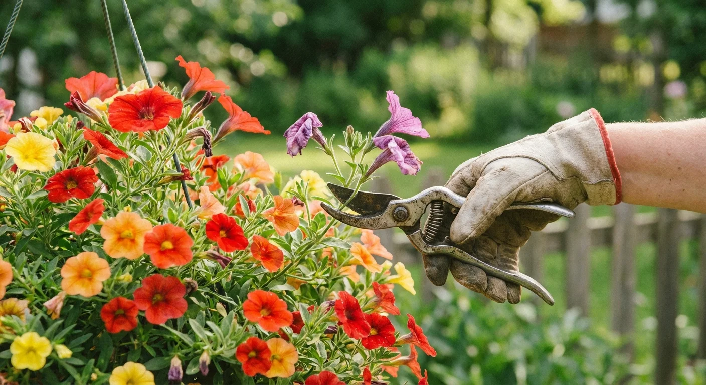 Garden shears pruning faded flowers from a lush hanging basket.