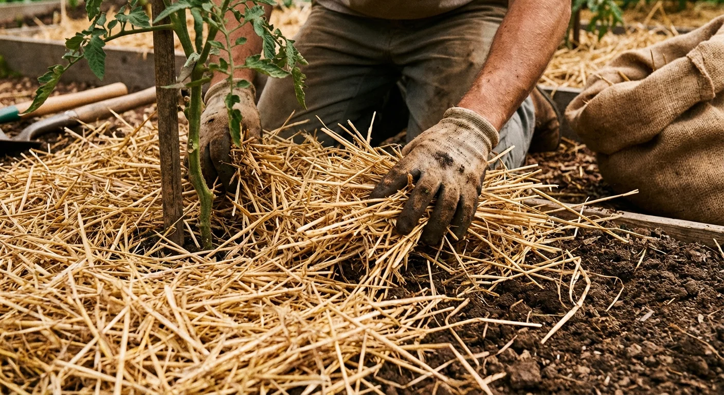 Gardener applying straw mulch to a garden bed.