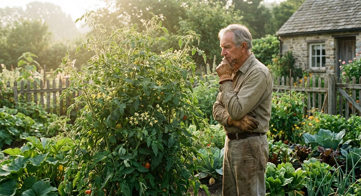Gardener checking a leafy tomato plant for fruit in a vegetable garden.