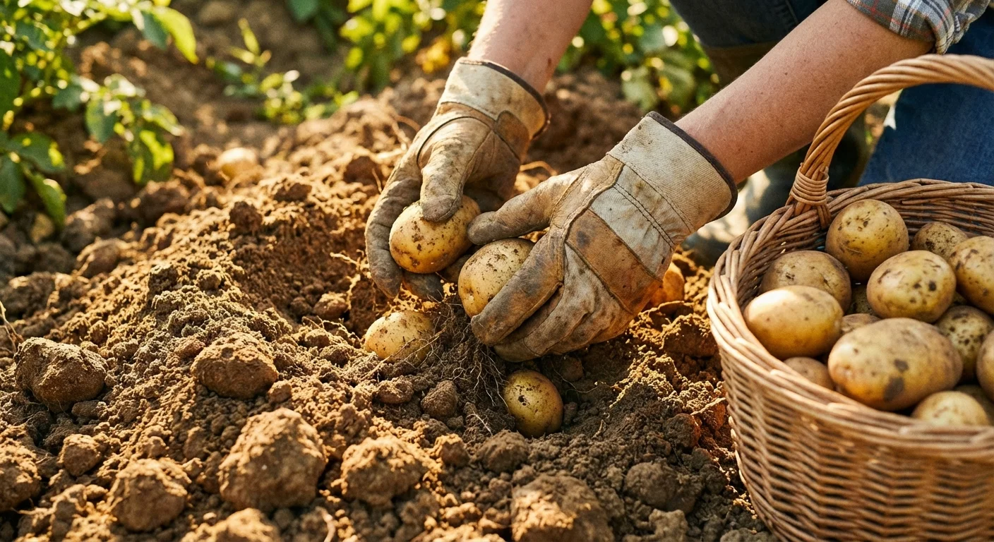 Gardener digging up fresh potatoes from a garden bed.