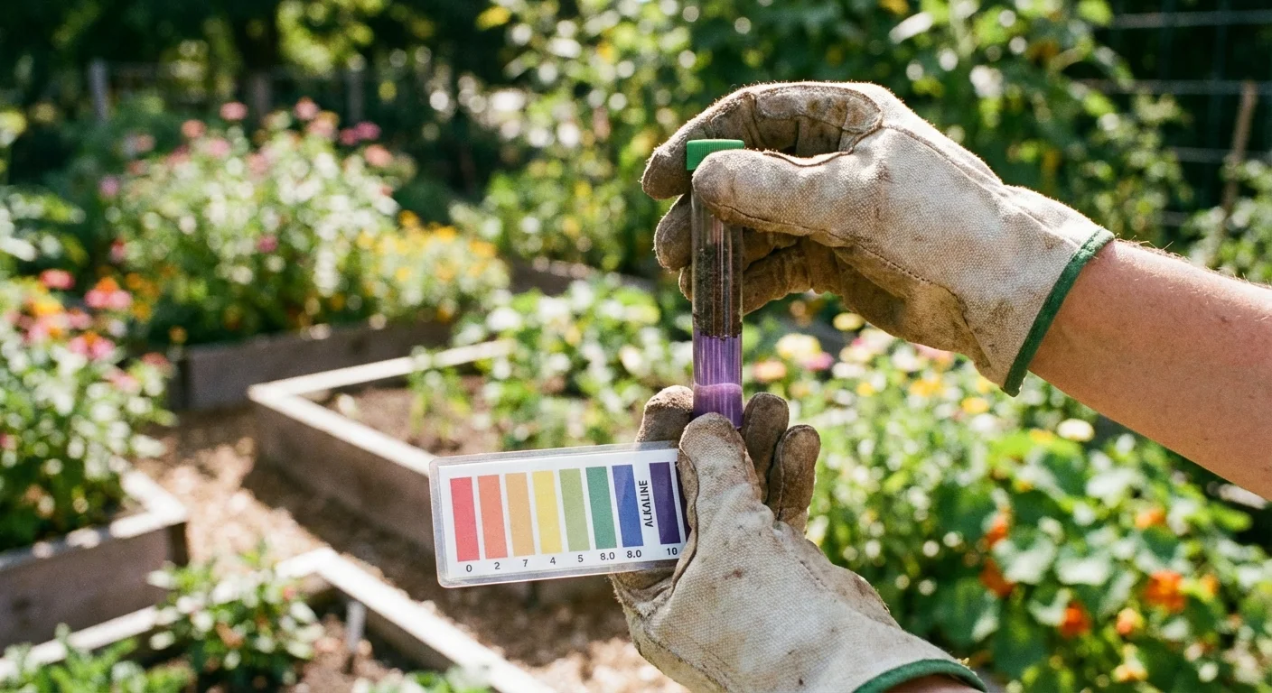Gardener holding a soil testing tube and color chart in a backyard setting.