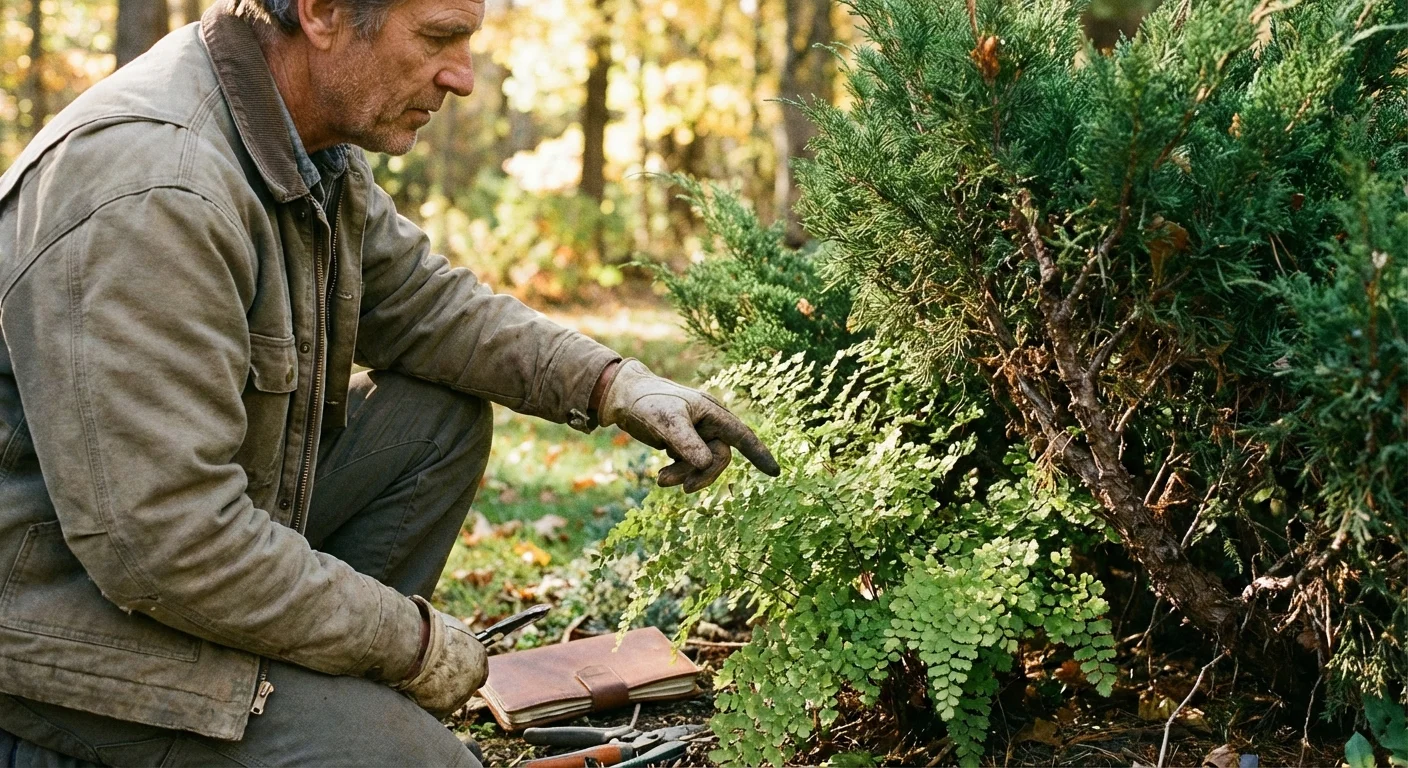 Gardener identifying which plants in a bed need protection.