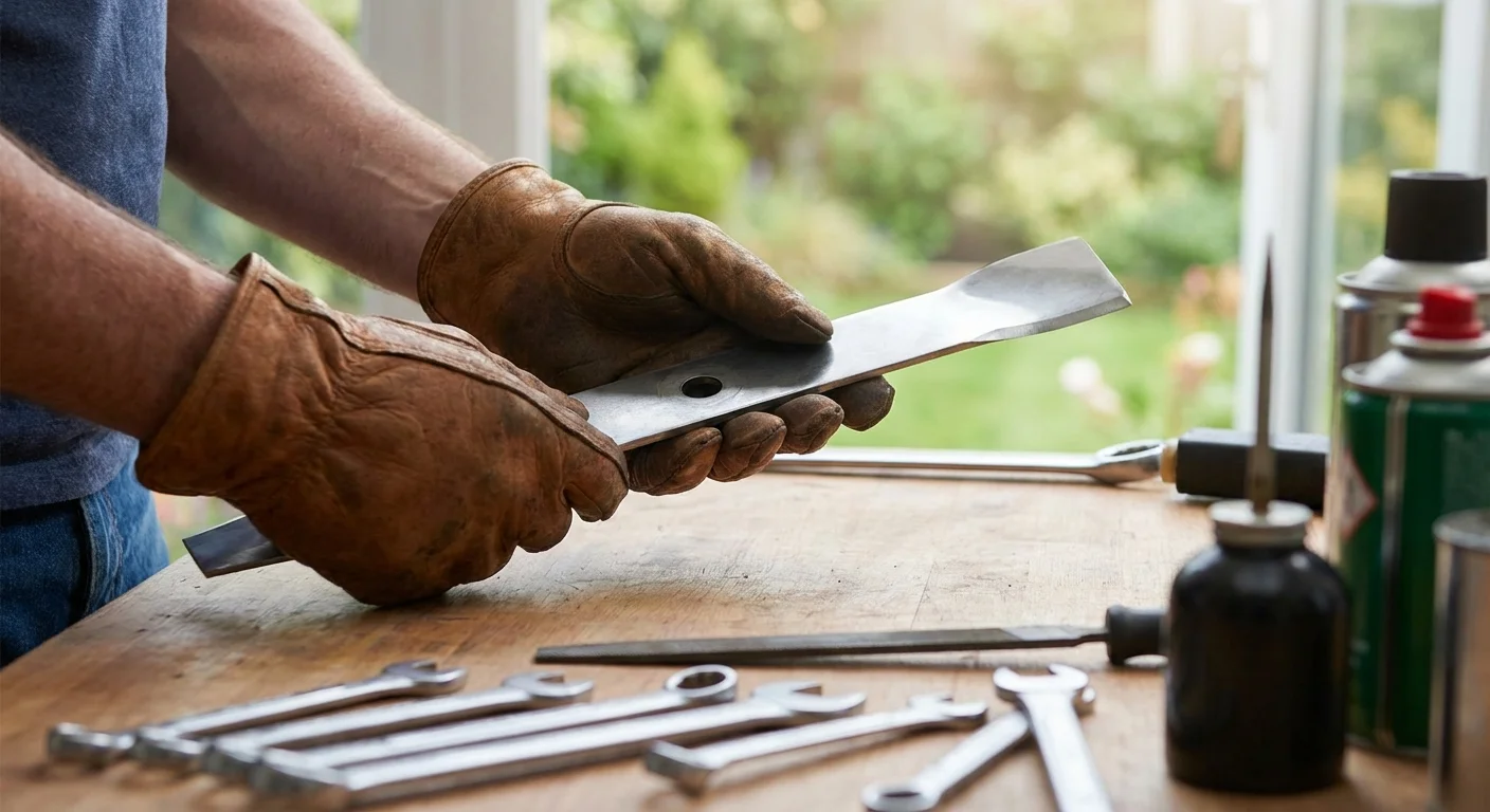 Gardener inspecting a sharp lawnmower blade before maintenance.