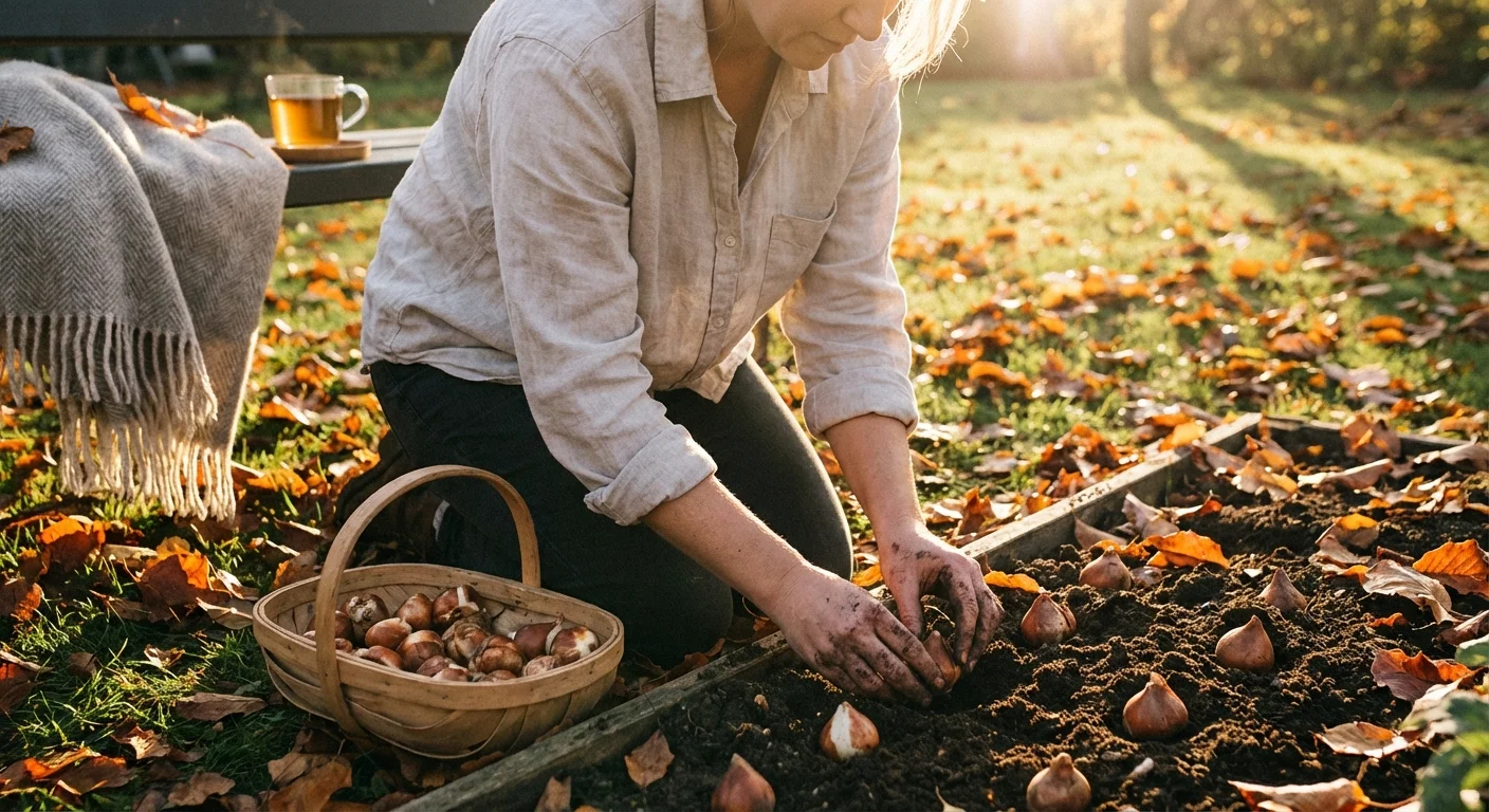 Gardener planting tulip bulbs in a garden bed during autumn.