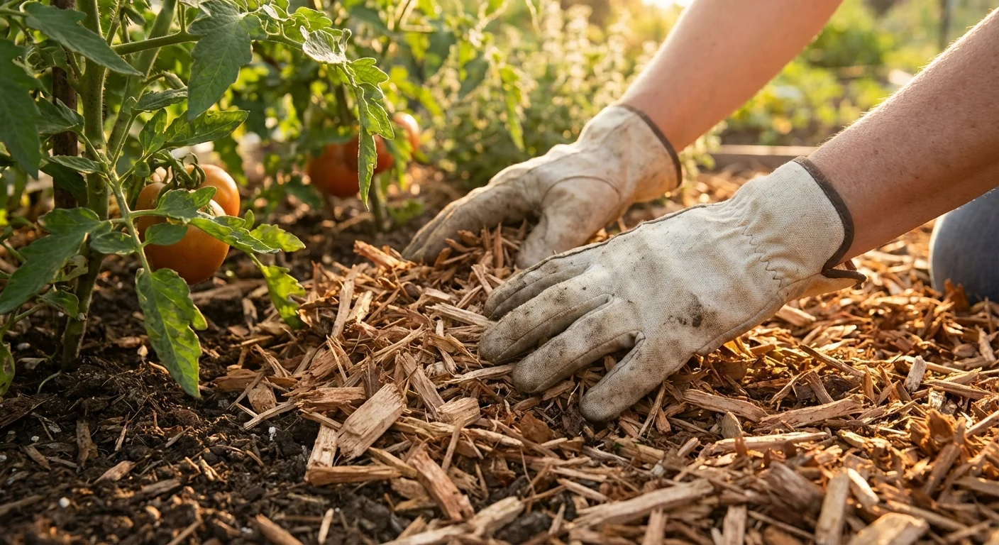 Gardener's hands applying a layer of organic wood mulch to a garden bed.