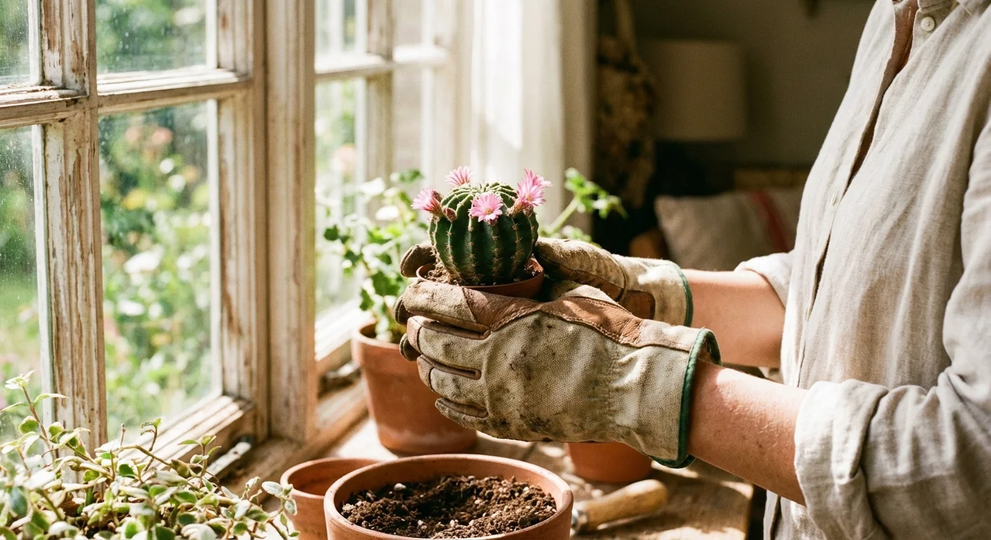 Gardener's hands in gloves holding a small Easter Lily Cactus near a sunny window.