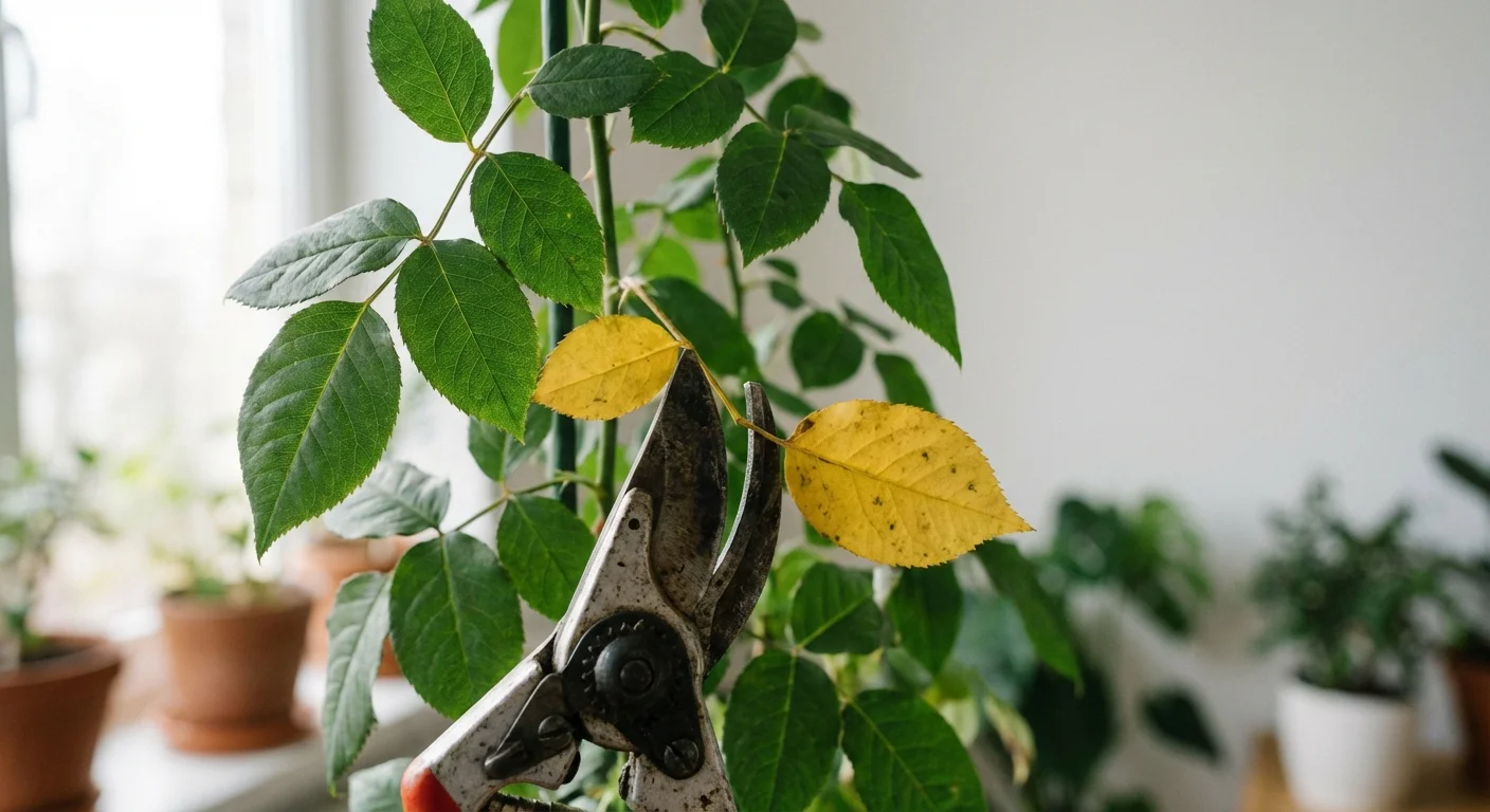 Gardening shears cutting a yellow leaf off a houseplant.