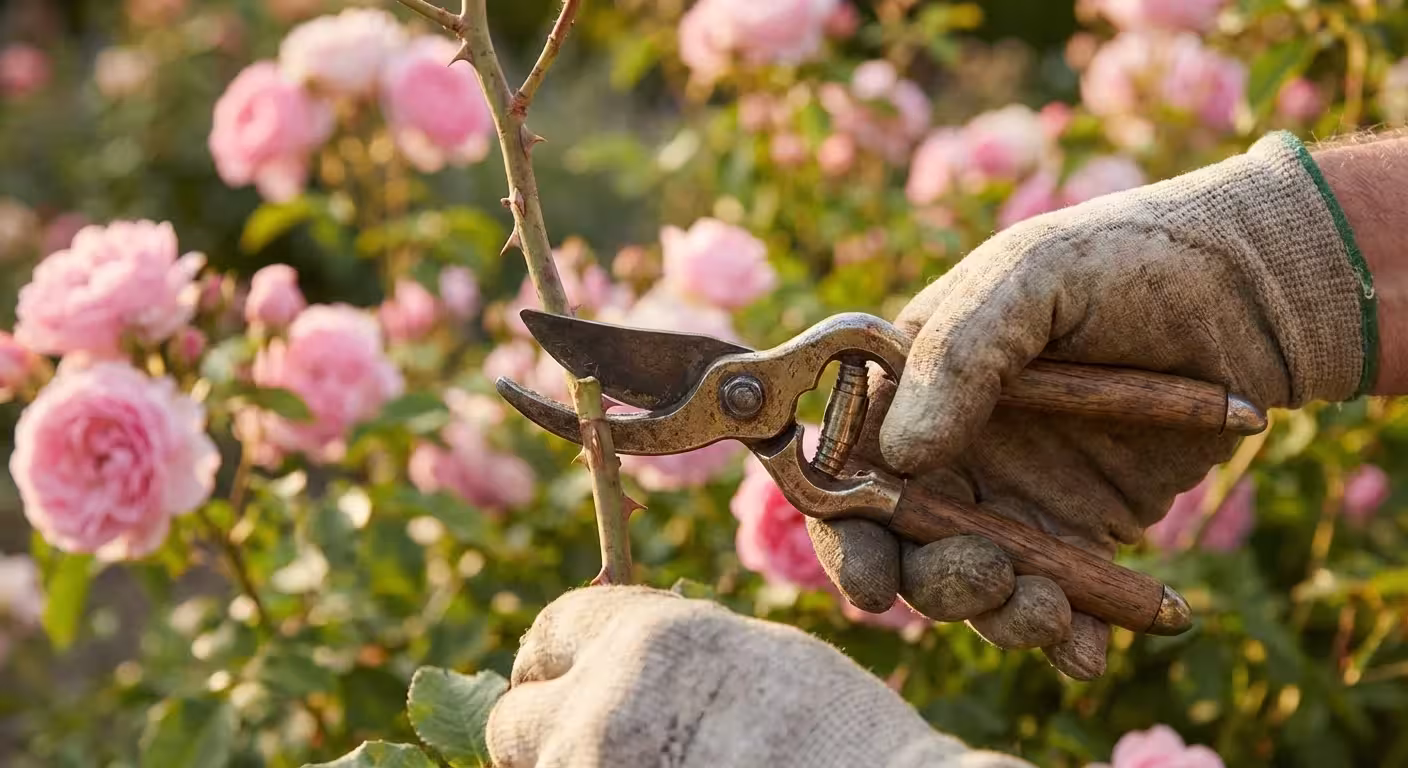 Gardening shears pruning a rose bush in a bright garden.