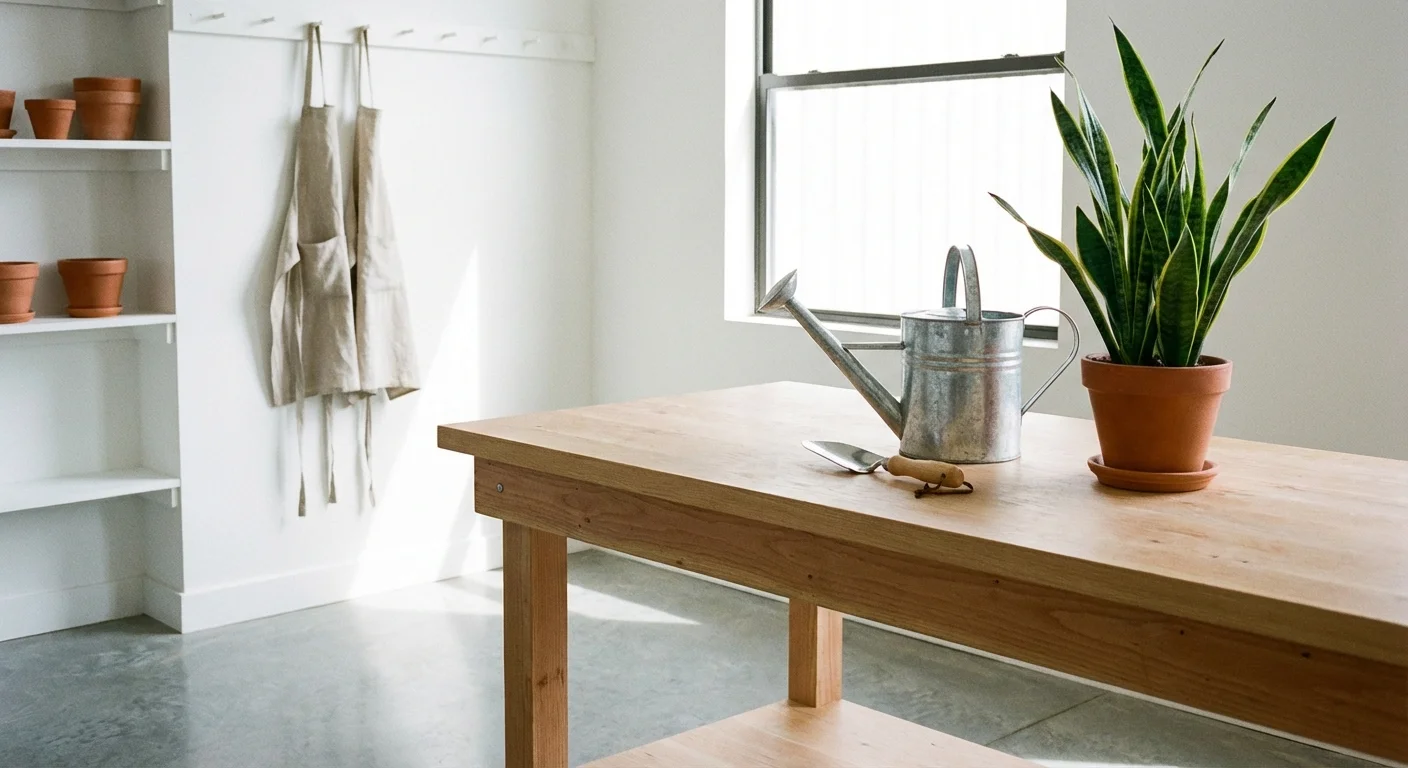 Gardening tools and a snake plant on a clean potting bench.
