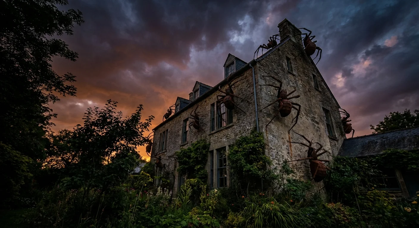 Giant black spiders climbing the exterior wall of a home.