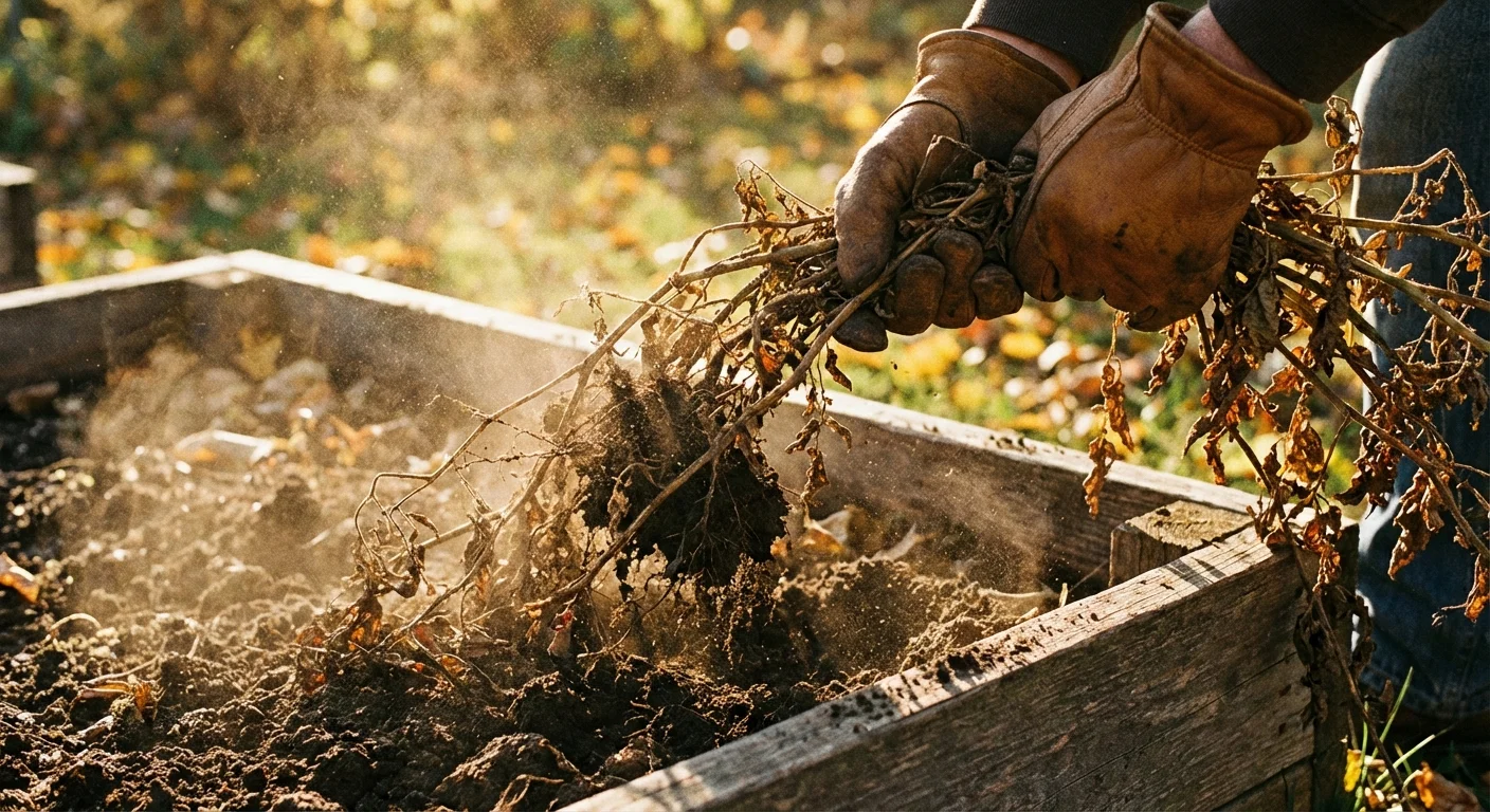 Gloved hands clearing dead plants from a raised garden bed.