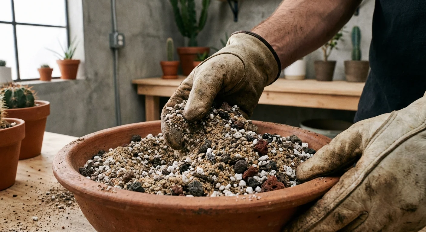 Gloved hands mixing sandy cactus potting soil in a clay pot.