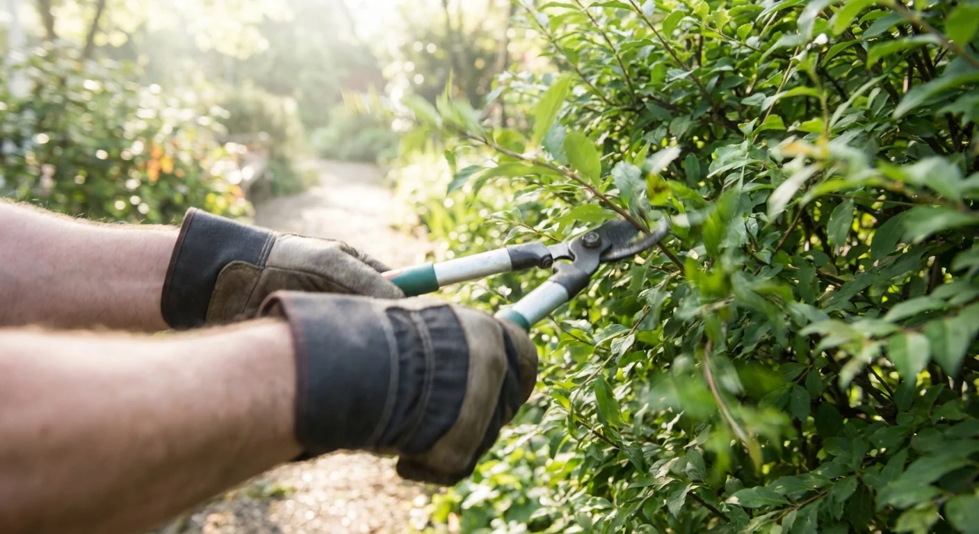 Gloved hands moving quickly with pruning shears towards a garden plant.