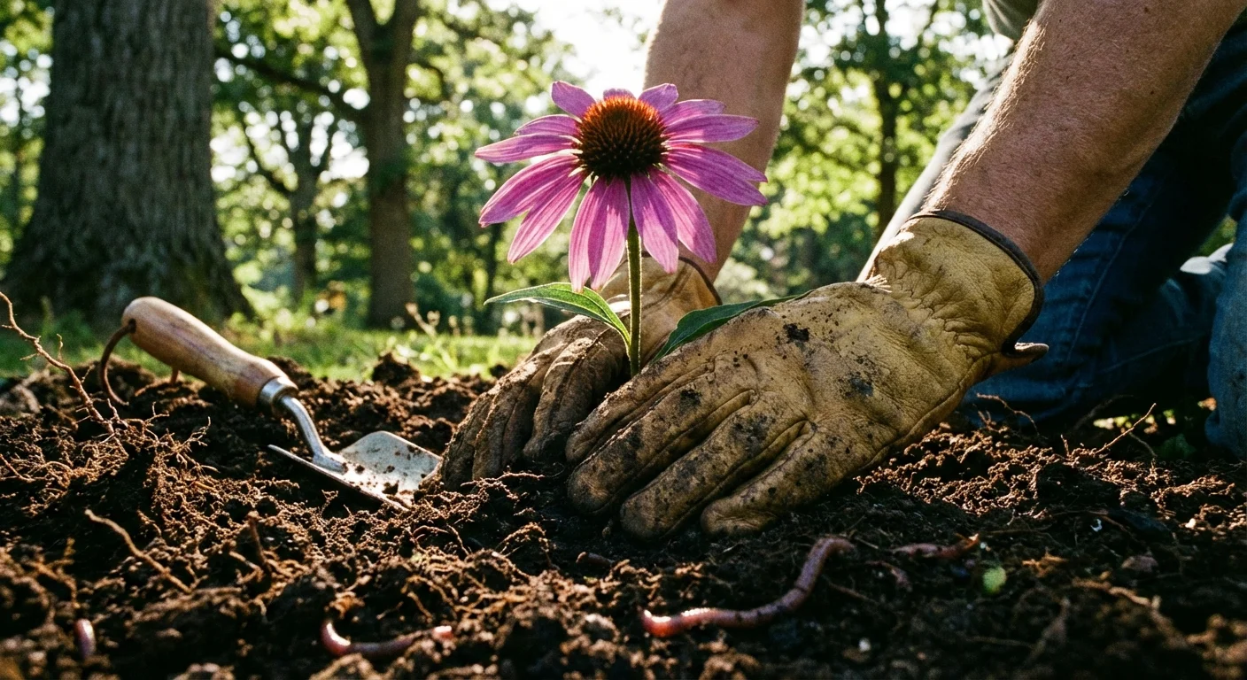 Gloved hands planting a purple coneflower in dark, healthy garden soil.
