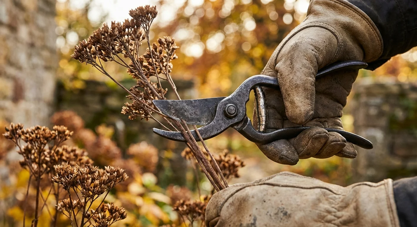 Gloved hands pruning dried flower stalks with gardening shears.