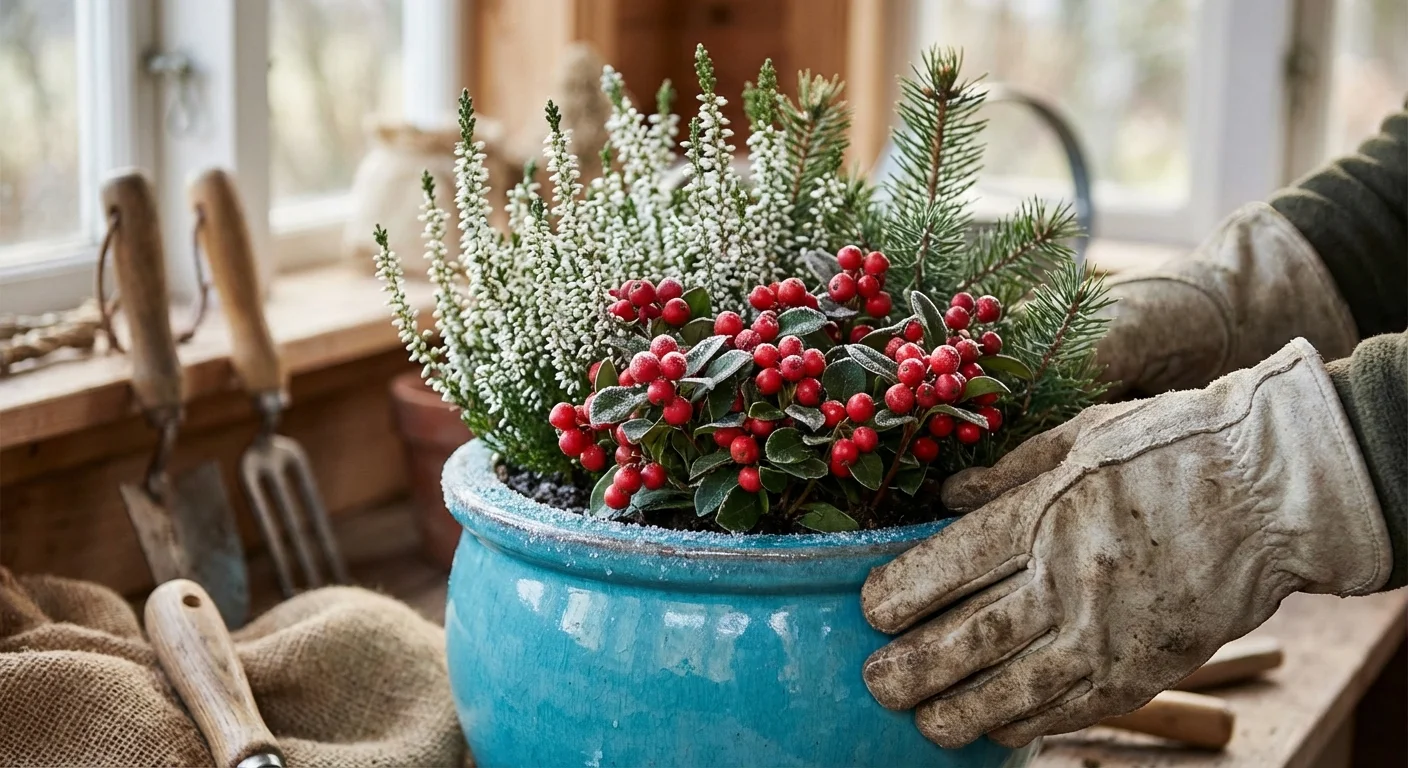 Gloved hands styling a colorful turquoise planter with winter-hardy plants and berries.