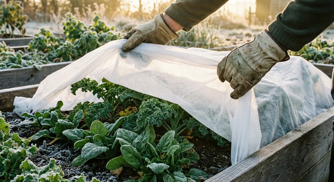 Gloved hands tucking a white frost cover around garden plants on a cold morning.