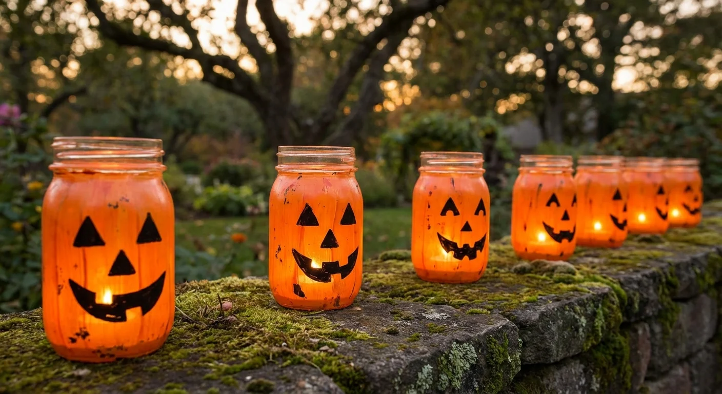 Glowing orange mason jars with pumpkin faces on a garden wall.