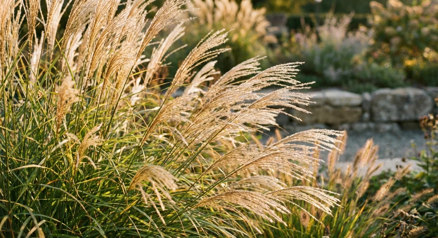 Golden ornamental grasses swaying in the wind during a bright sunset in a modern garden.