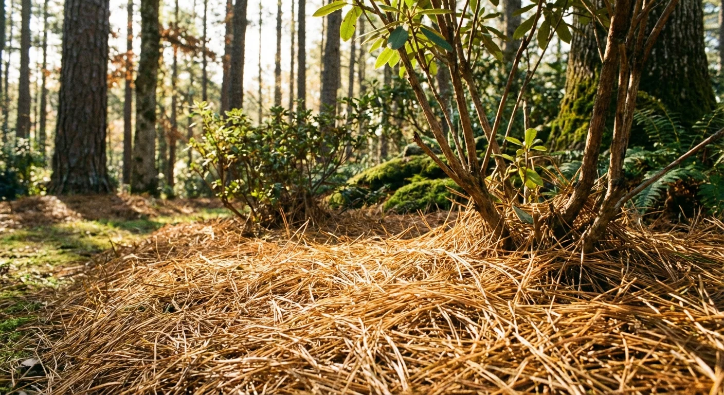 Golden pine needles used as a natural mulch layer in a well-maintained garden bed.