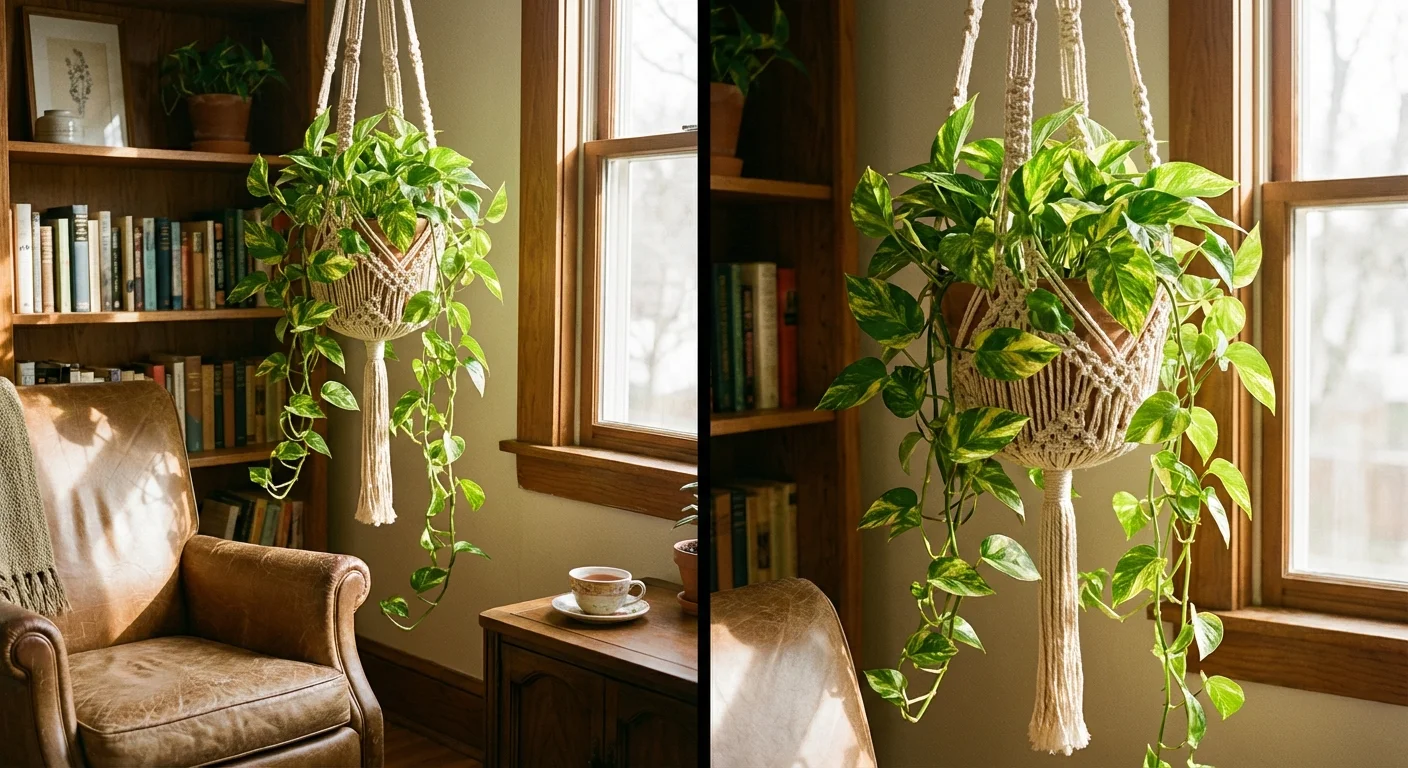 Golden Pothos plant in a macrame hanger inside a cozy room.