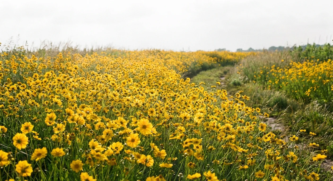 Golden yellow coreopsis flowers blooming in a sunny field.