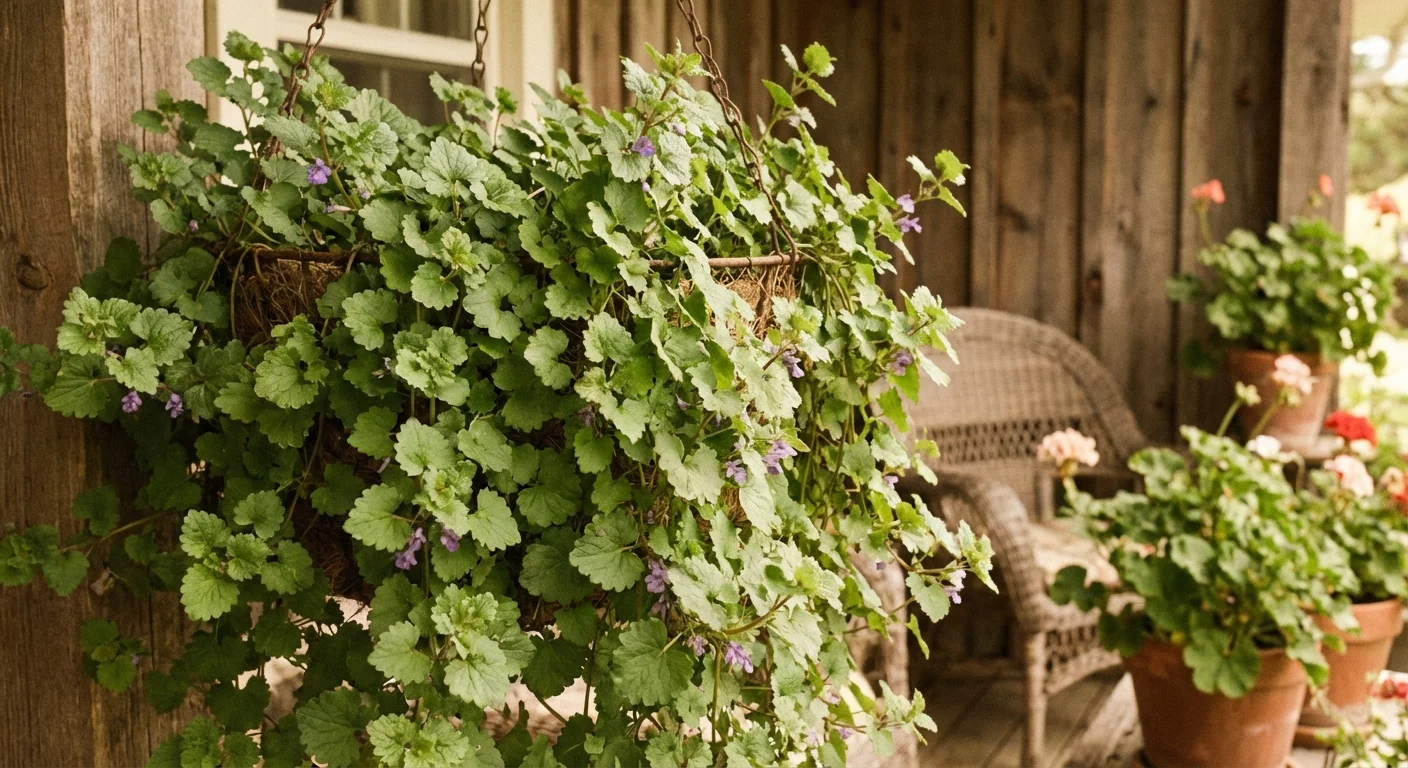 Green Creeping Charlie leaves spilling from a wire hanging basket.