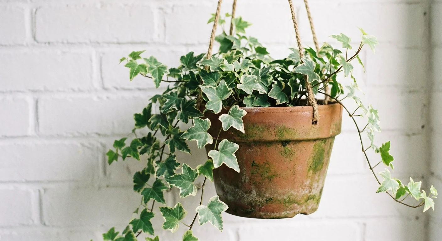 Green English Ivy cascading from a terracotta pot against a white wall.