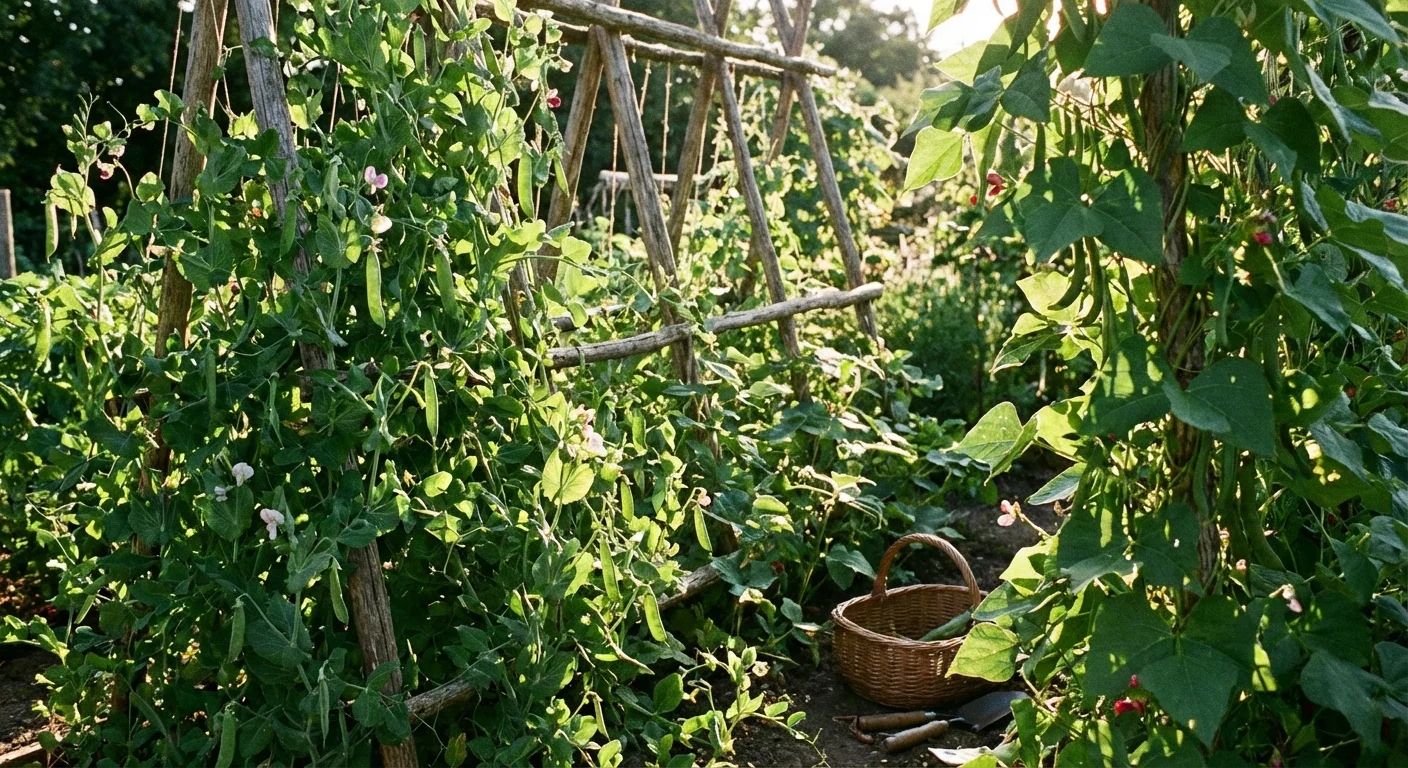 Green pea and bean vines climbing a trellis in a sunny garden.