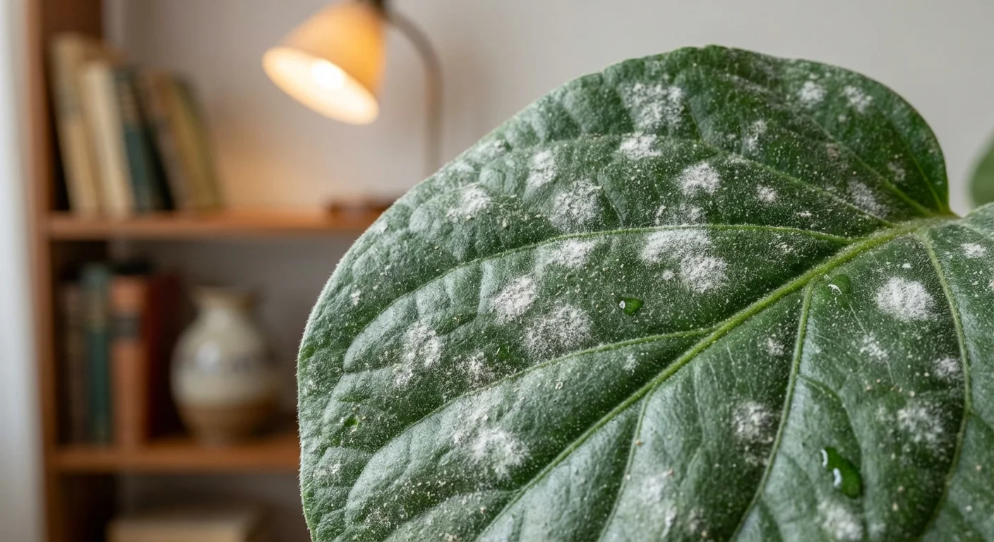Green plant leaf covered in small, fuzzy white patches of powdery mildew.