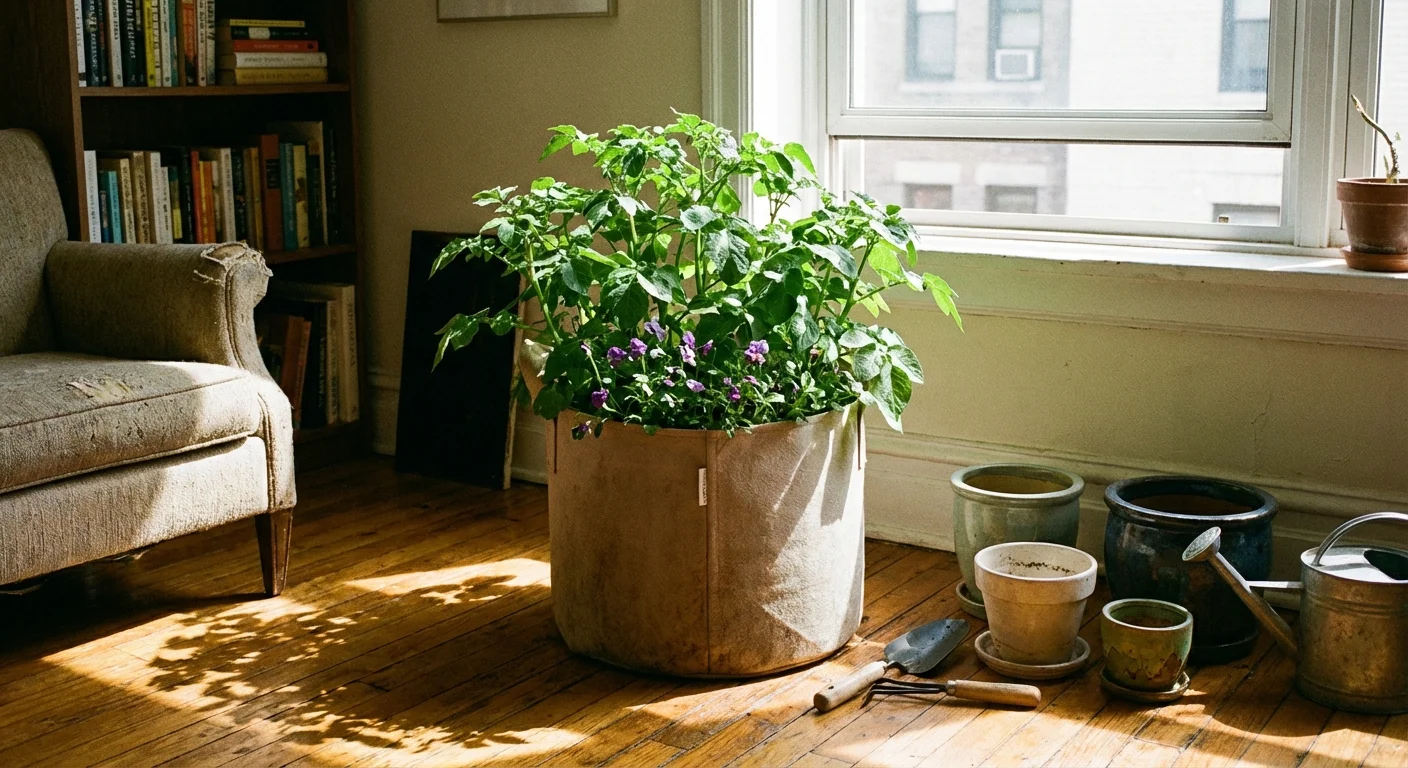 Green potato plants growing in a large black fabric pot indoors.