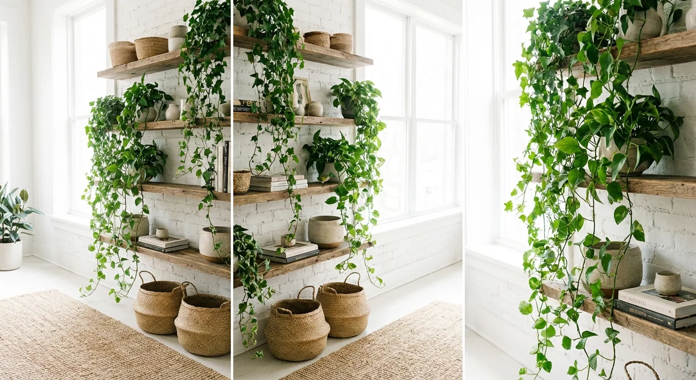 Green trailing plants hanging from wooden shelves against a white brick wall in a living room.