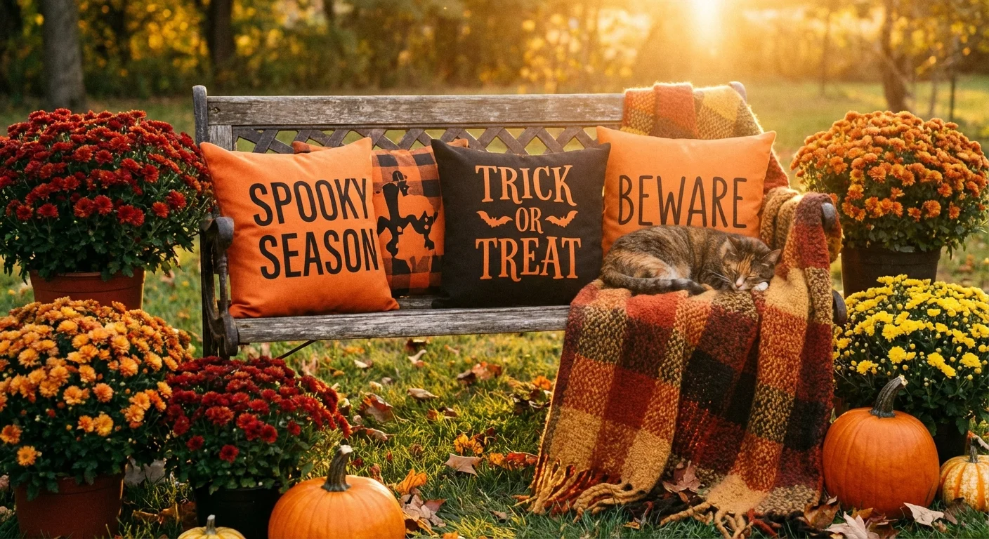 Halloween themed throw pillows on a garden bench with autumn flowers.