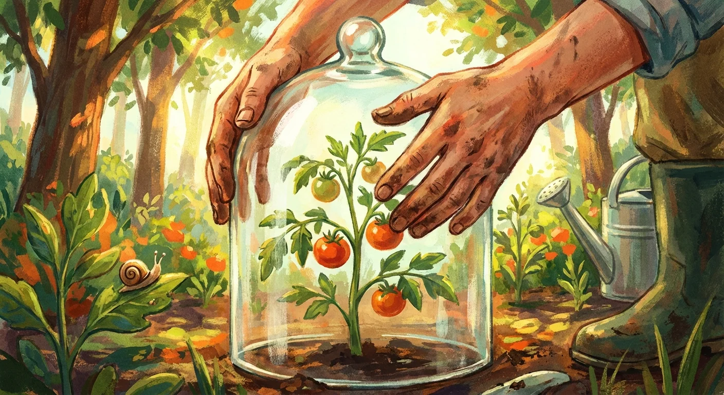 Hand-drawn illustration of a gardener protecting plants with a cloche in a sunny garden bed.