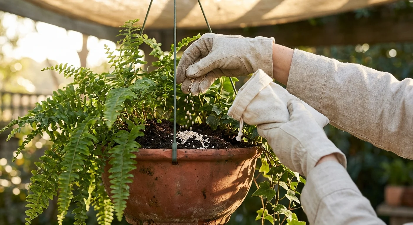 Hands applying fertilizer granules to the soil of a potted plant.