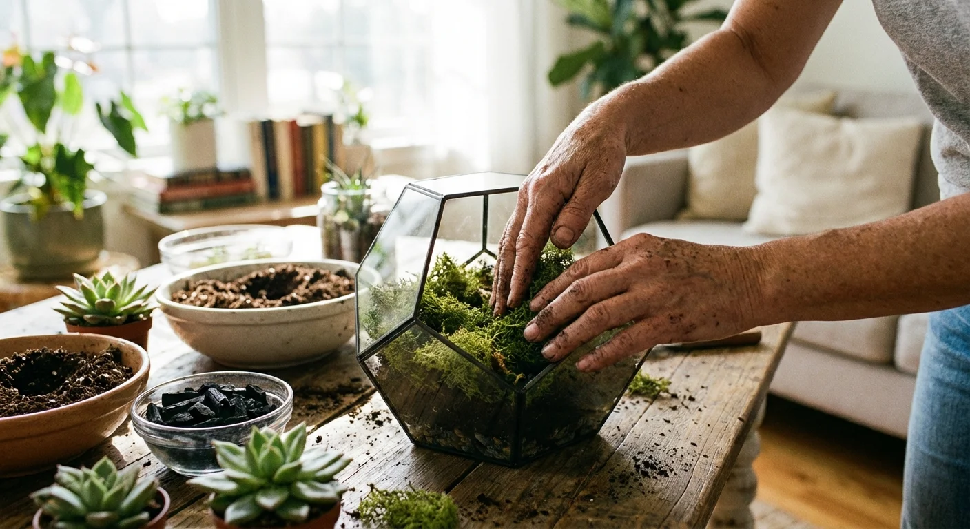 Hands assembling a DIY glass terrarium with succulents and moss on a wooden surface.