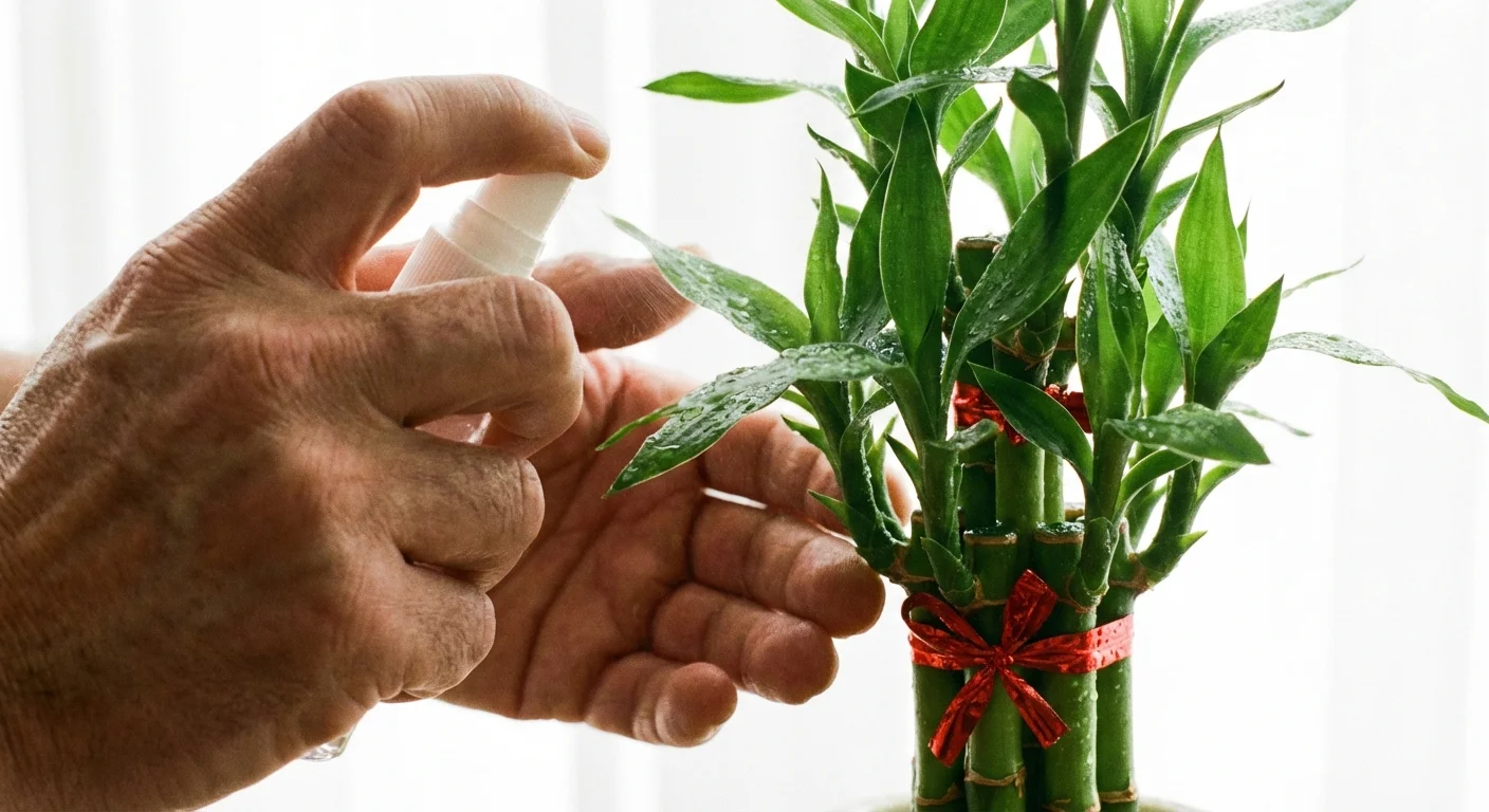 Hands caring for a healthy lucky bamboo plant with a red ribbon in a bright, modern setting.